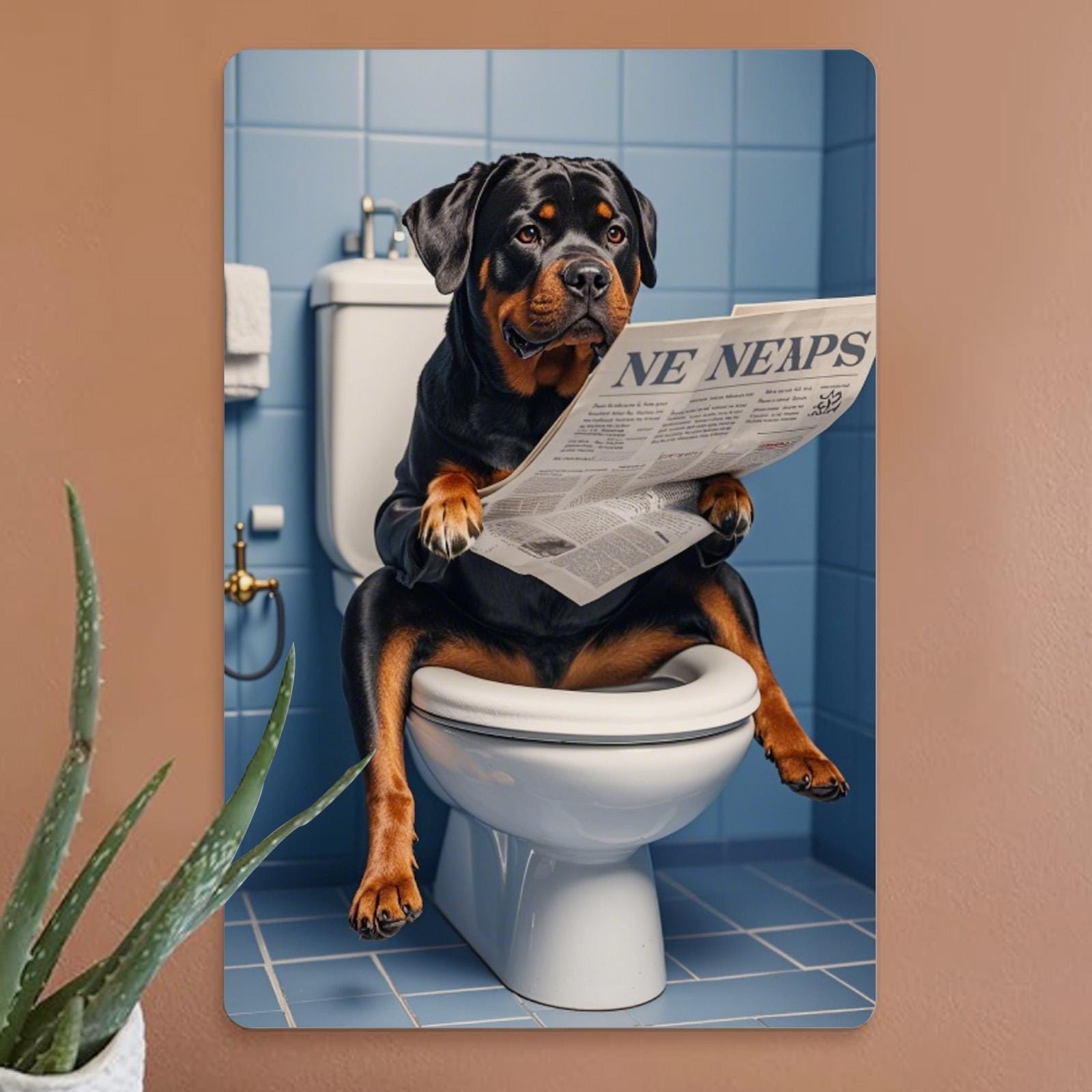 Funny Rottweiler Metal Sign: Reading Dog Bathroom Decor