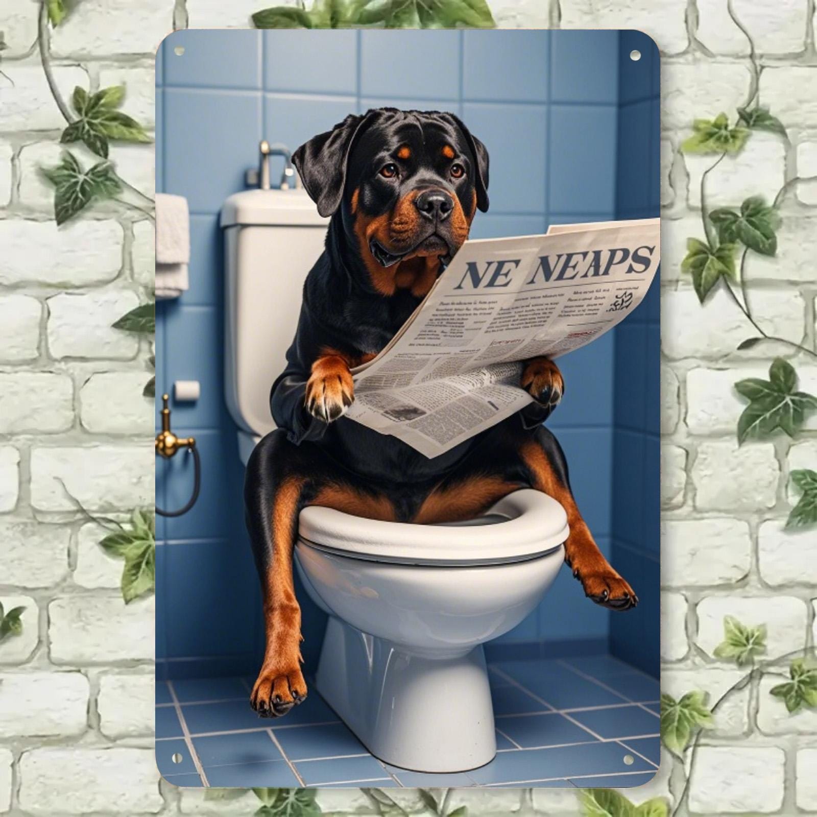 Funny Rottweiler Metal Sign: Reading Dog Bathroom Decor
