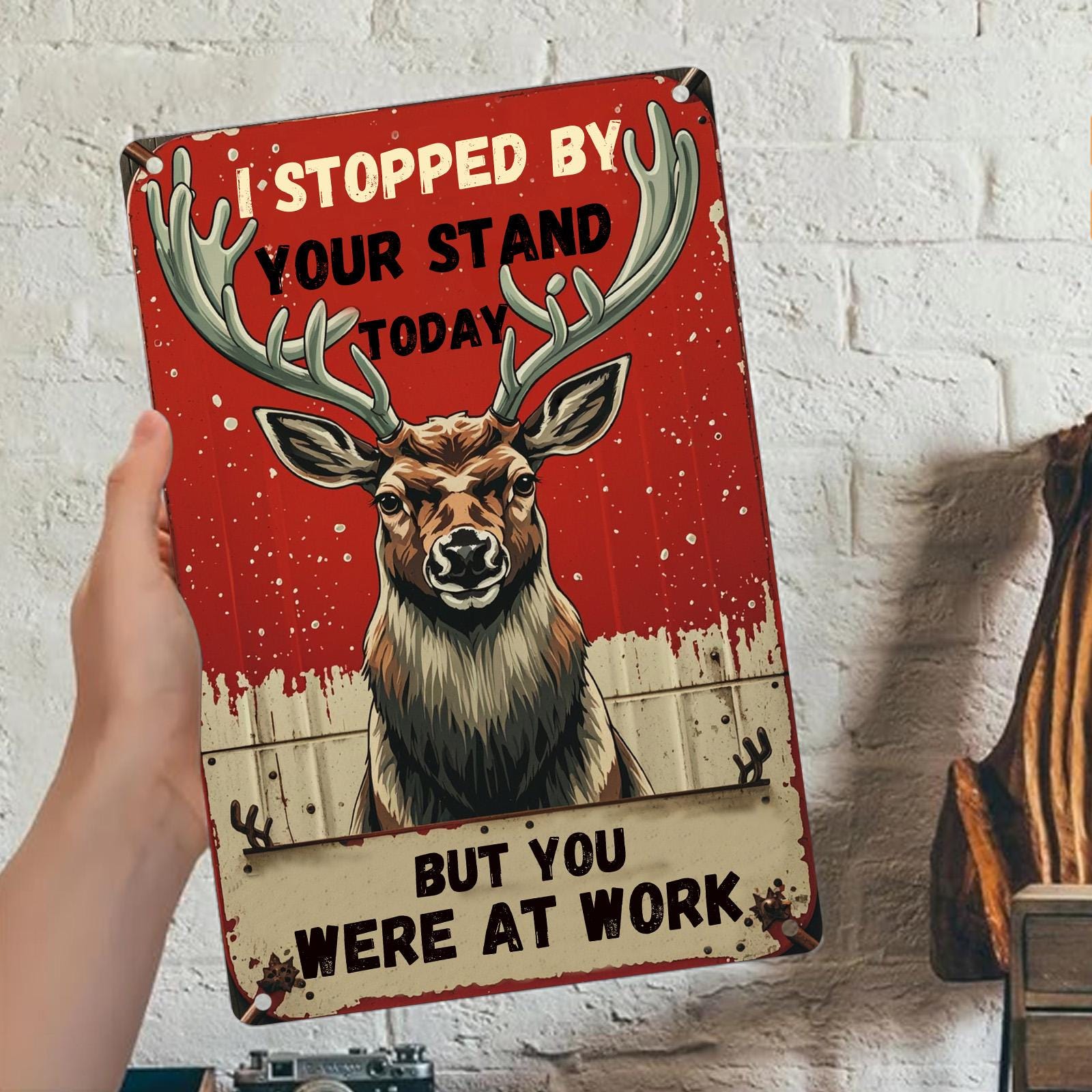 Funny Deer Hunting Metal Sign: Rustic Cabin Lodge Wall Decor