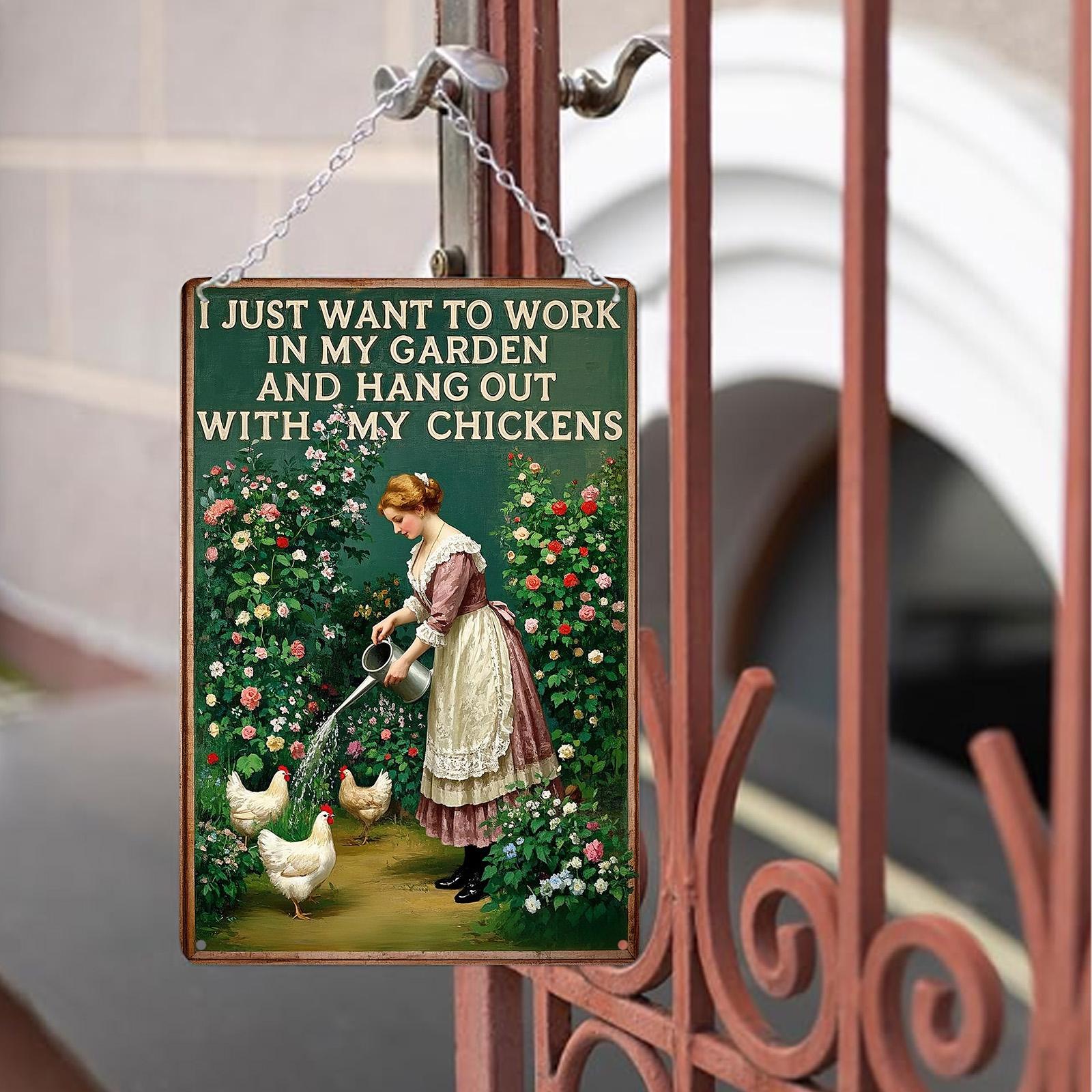 Vintage Garden Chickens Metal Sign: Farmhouse Kitchen Decor