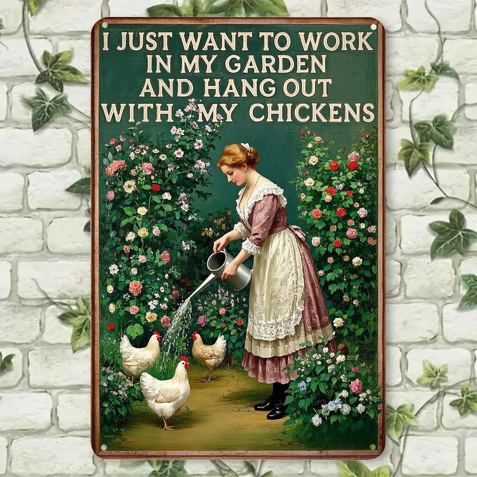 Vintage Garden Chickens Metal Sign: Farmhouse Kitchen Decor