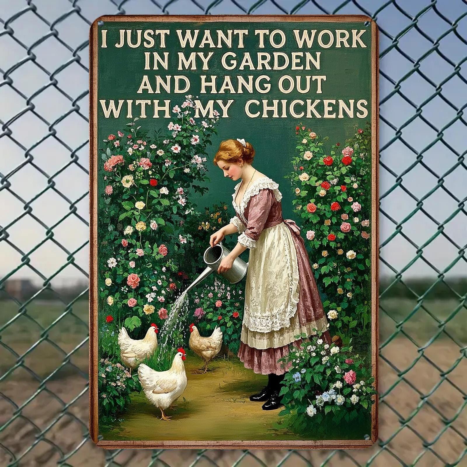 Vintage Garden Chickens Metal Sign: Farmhouse Kitchen Decor