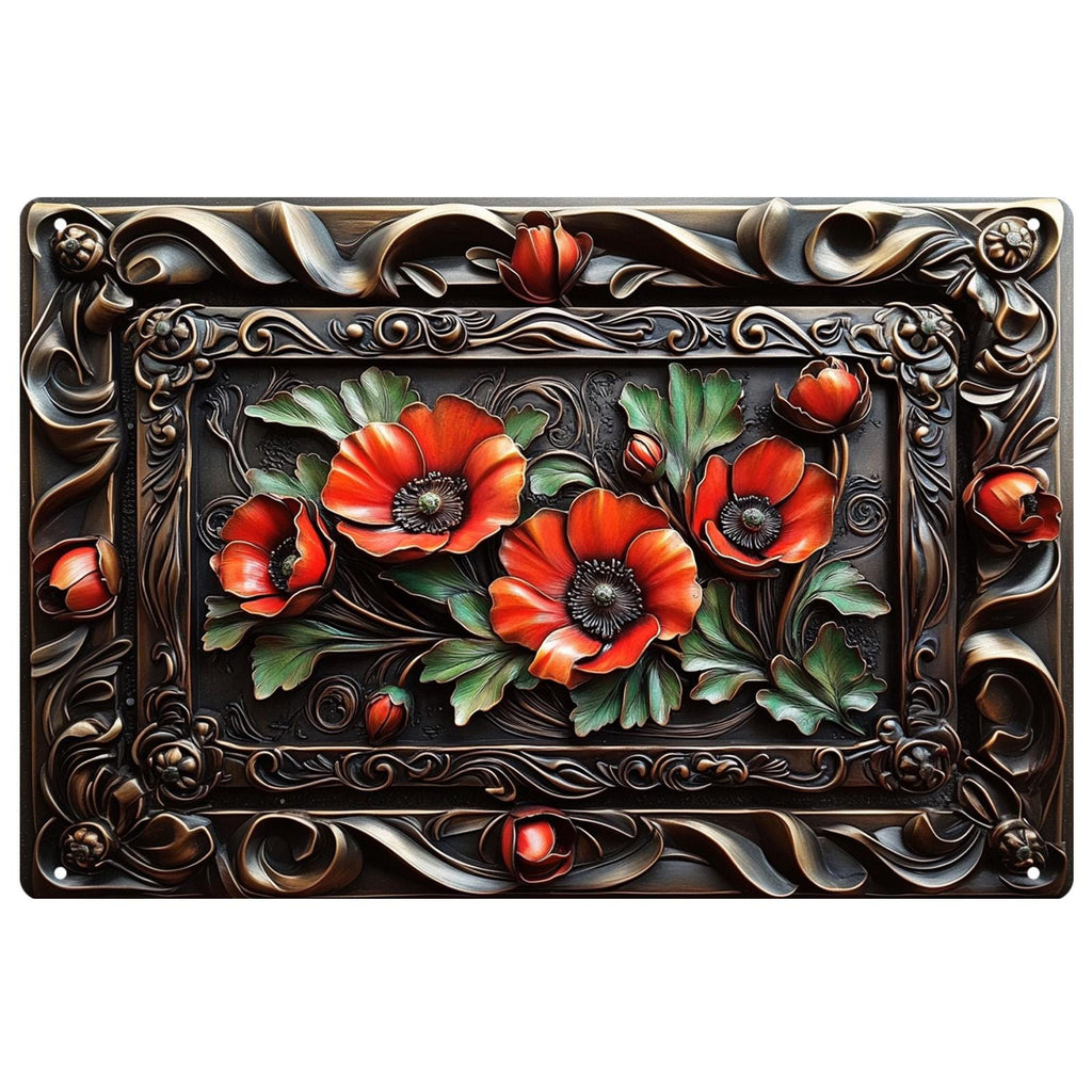 Rote Mohnblumen Metall-Wandtafel | Vintage Garten Deko Metallschild