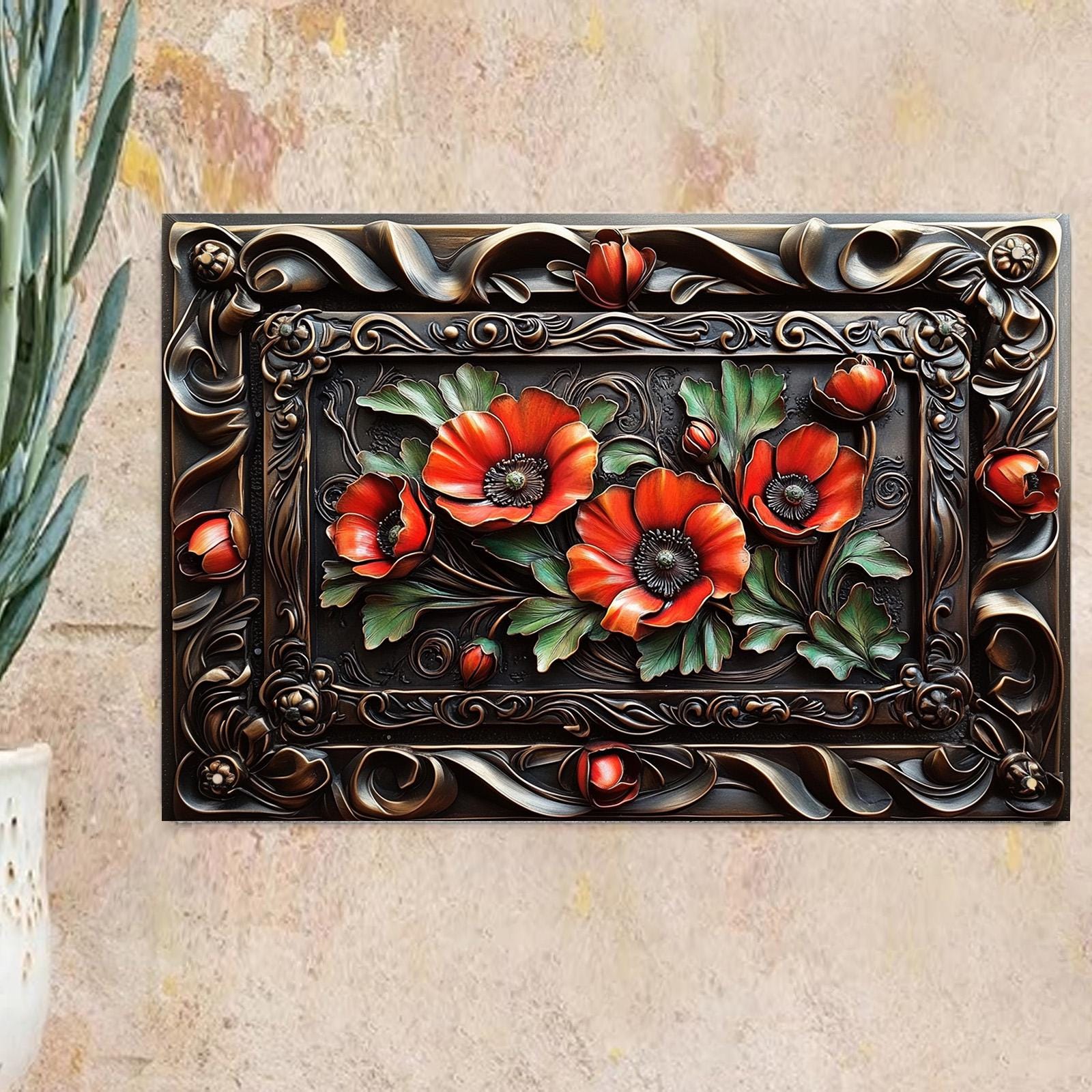 Red Poppy Floral Metal Wall Plaque: Vintage Garden Decor