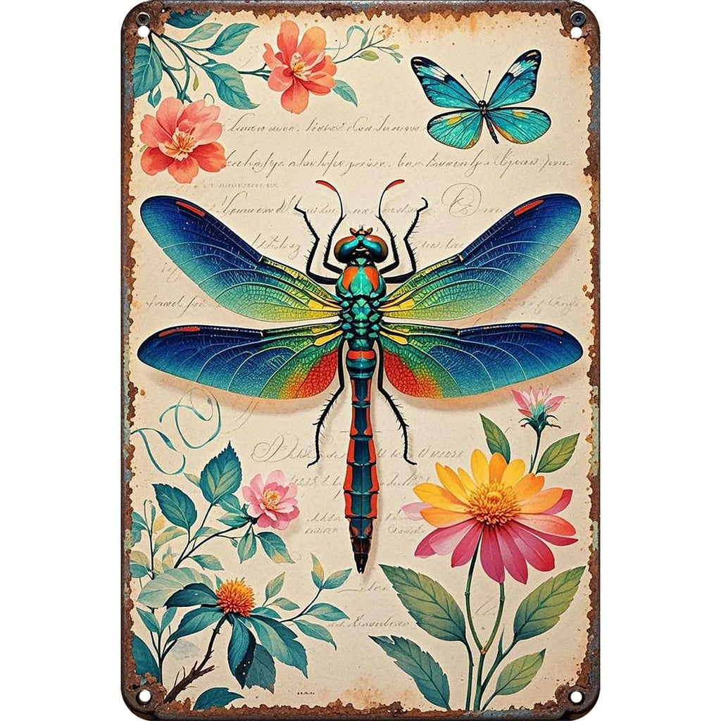 Enseigne murale libellule et papillon en métal | Décoration florale vintage pour la maison