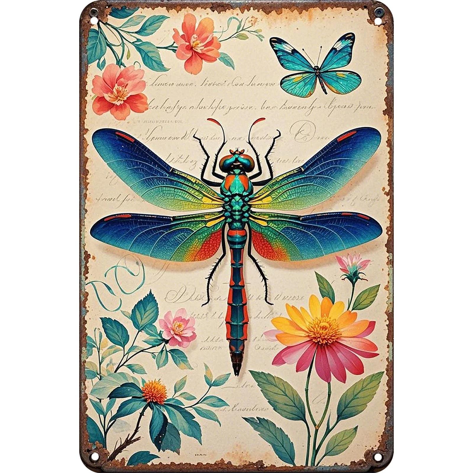 Dragonfly and Butterfly Metal Sign: Vintage Floral Home Decor