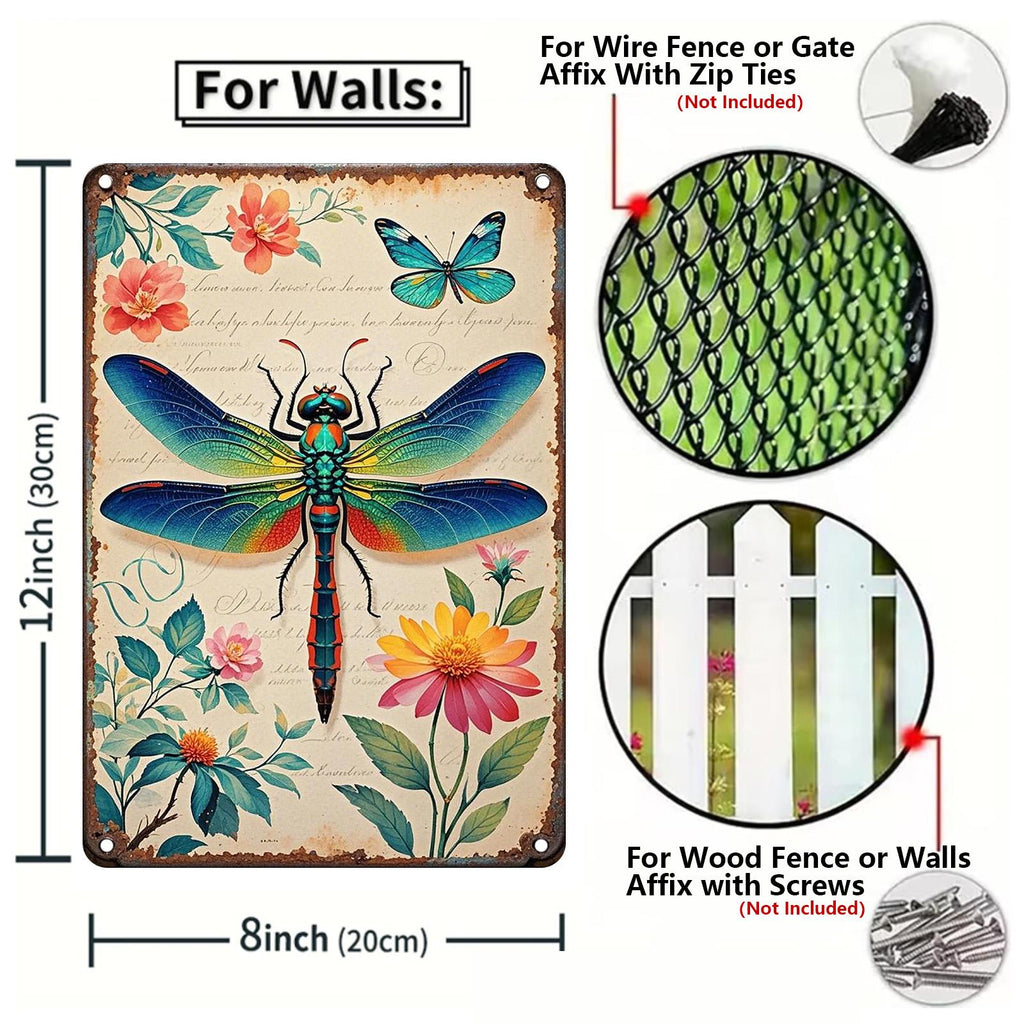 Enseigne murale libellule et papillon en métal | Décoration florale vintage pour la maison