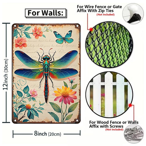 Enseigne murale libellule et papillon en métal | Décoration florale vintage pour la maison