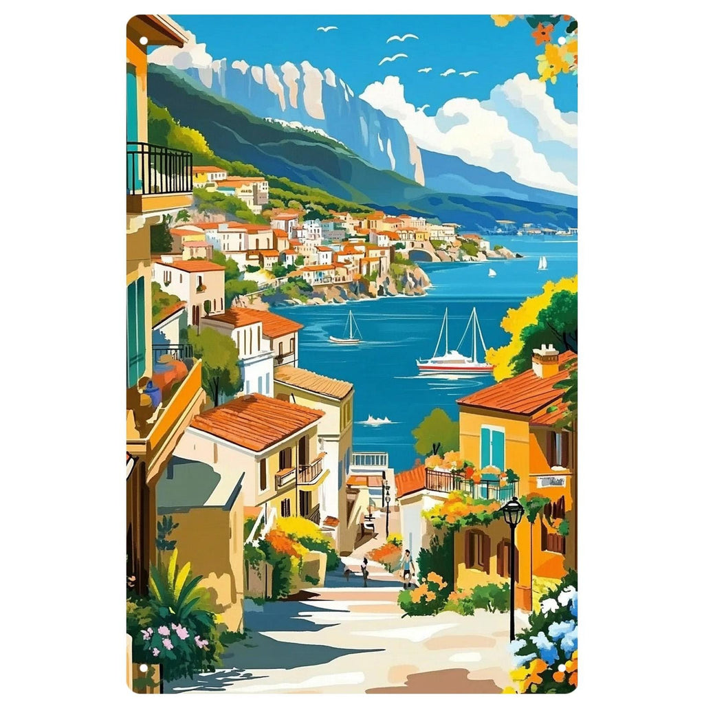 Plaque décorative murale en métal « Paysage urbain méditerranéen vintage » | Décoration côtière italienne en métal