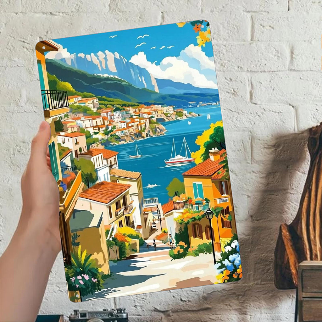 Plaque décorative murale en métal « Paysage urbain méditerranéen vintage » | Décoration côtière italienne en métal