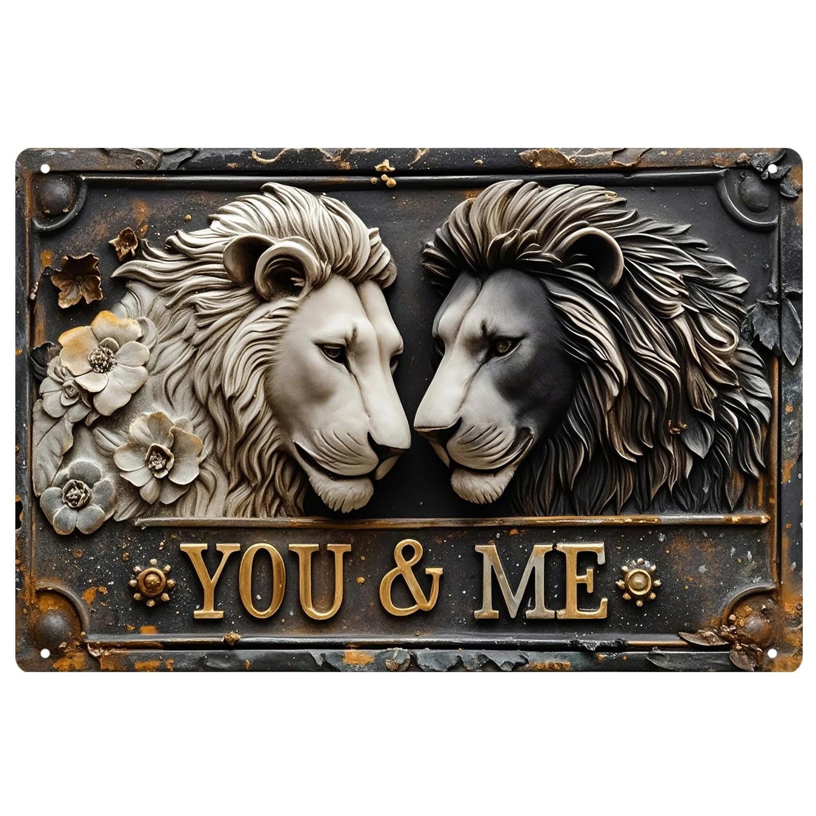 Rustic Lion Couple Metal Wall Art: Vintage Home Decor
