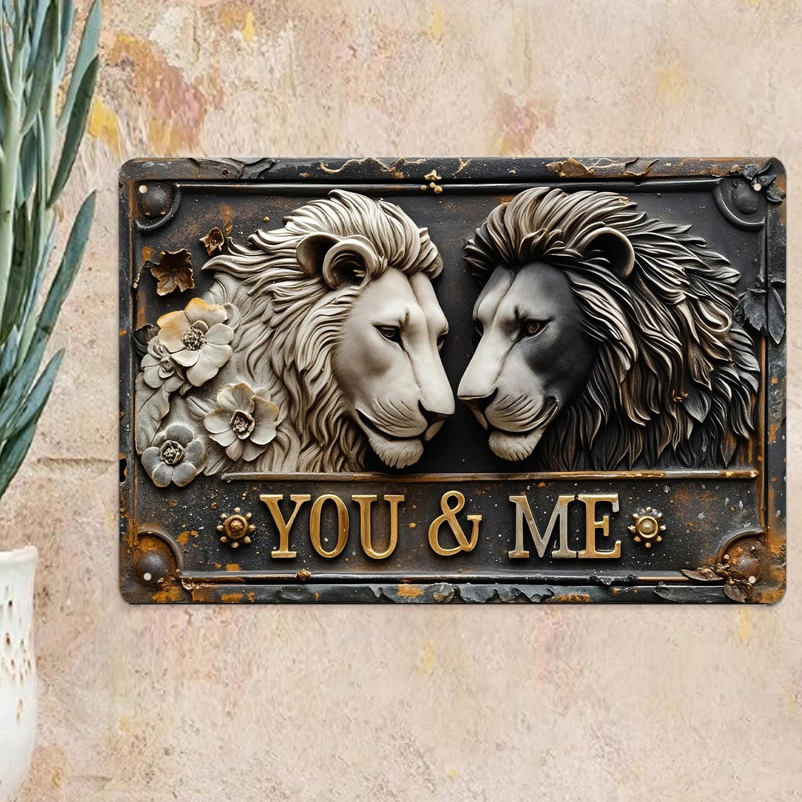 Rustic Lion Couple Metal Wall Art: Vintage Home Decor