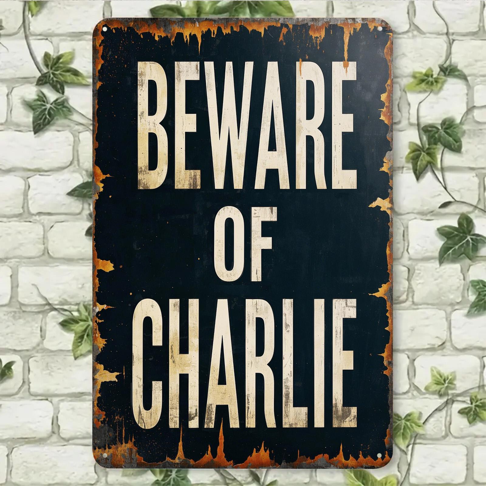 Beware of Charlie Metal Sign: Rustic Vintage Warning Plaque