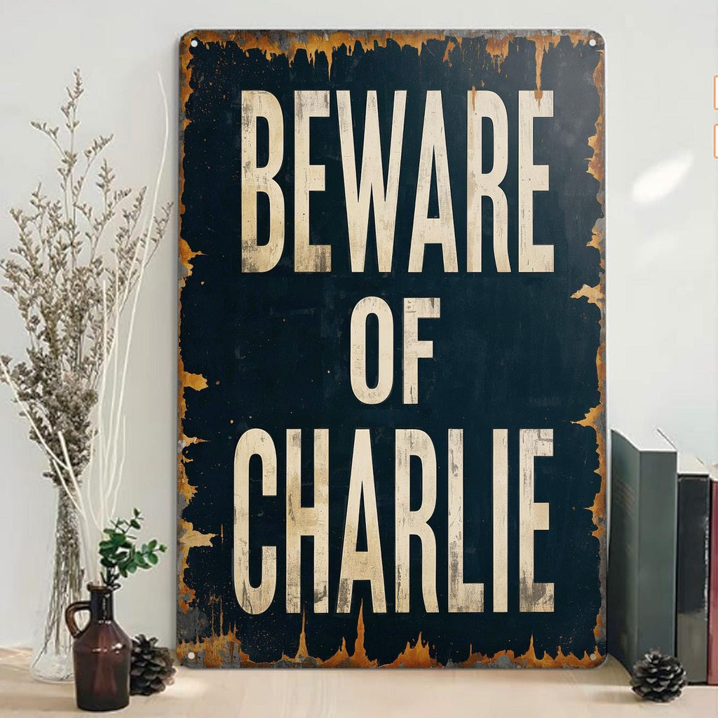 Beware of Charlie Metal Sign: Rustic Vintage Warning Plaque