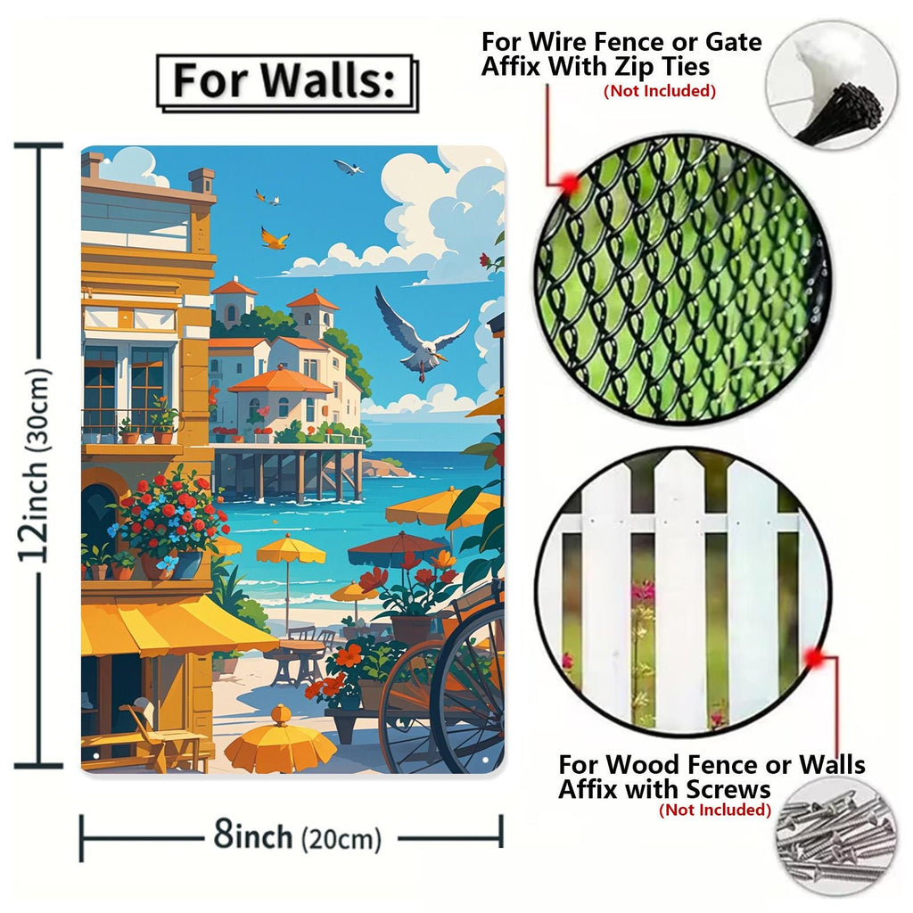 Vintage Coastal Cafe Metal Sign: Seaside Village Wall Art