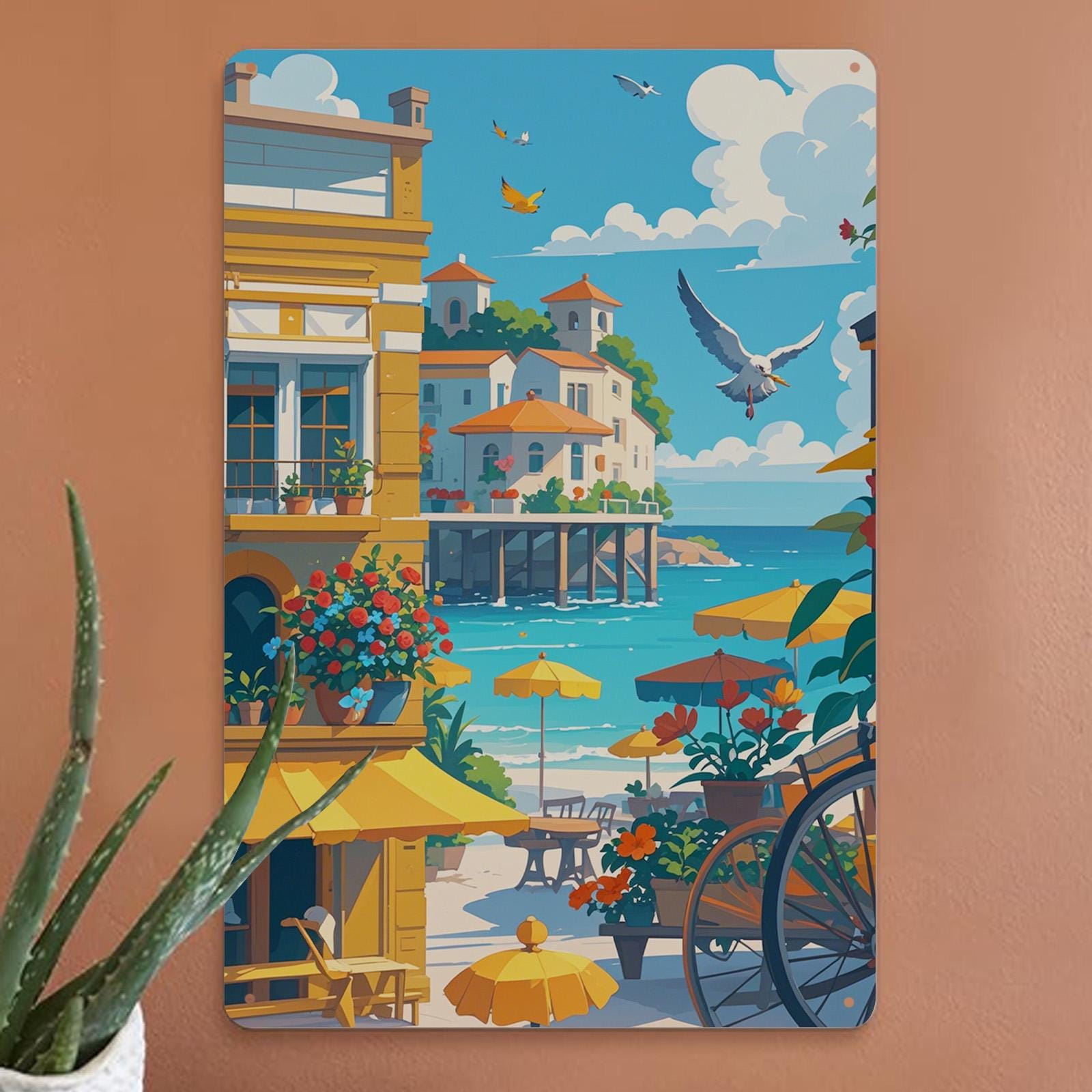 Vintage Coastal Cafe Metal Sign: Seaside Village Wall Art