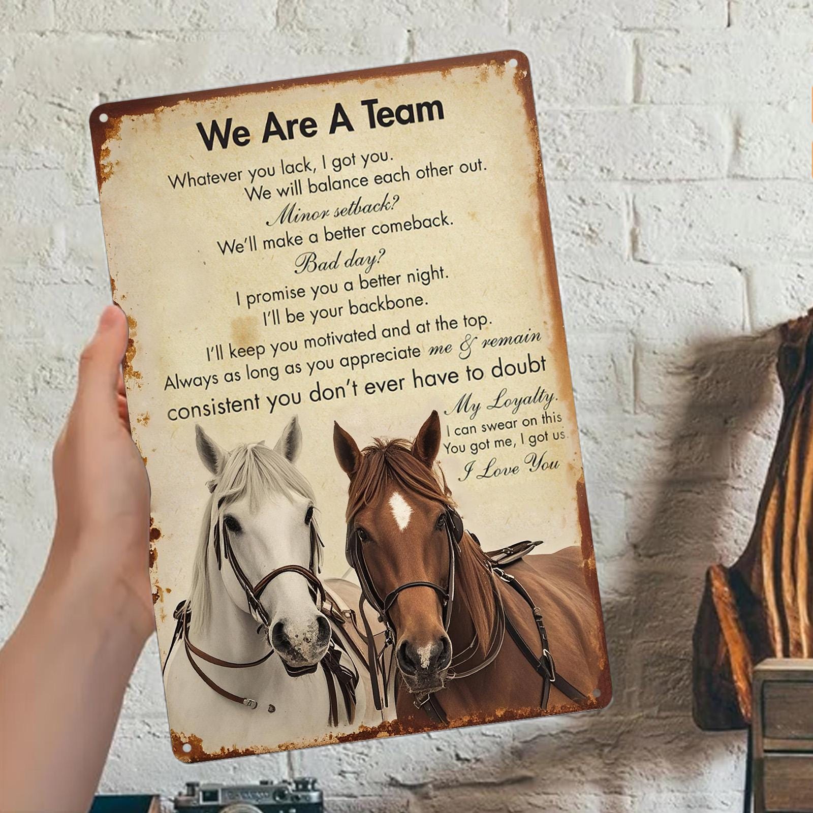 Vintage Horse Lovers Metal Sign: Inspirational Team Quotes, Rustic Barn Decor
