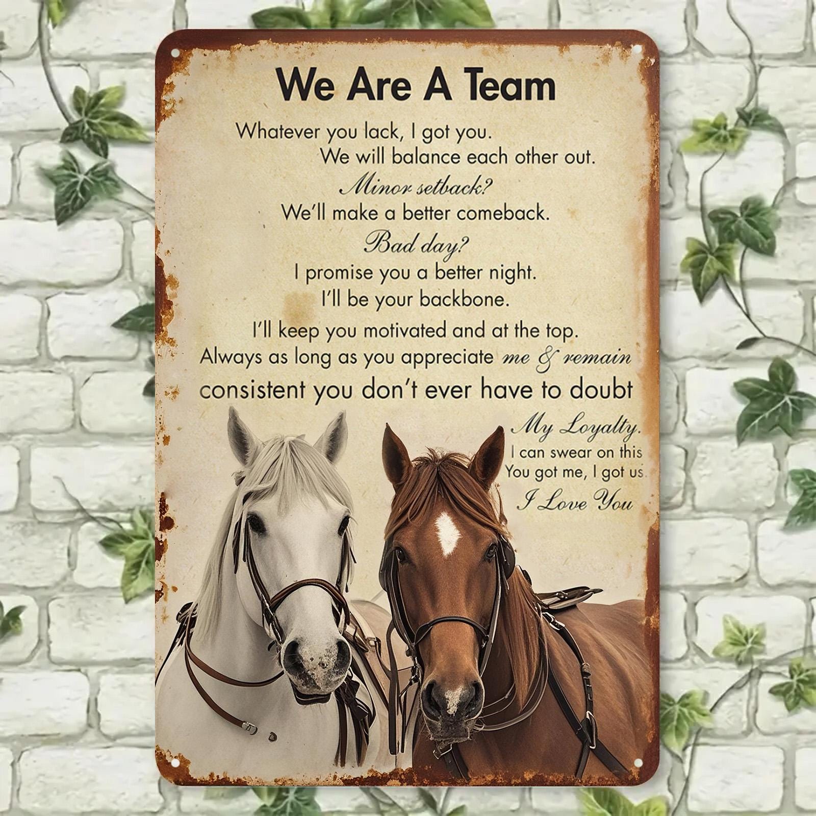 Vintage Horse Lovers Metal Sign: Inspirational Team Quotes, Rustic Barn Decor