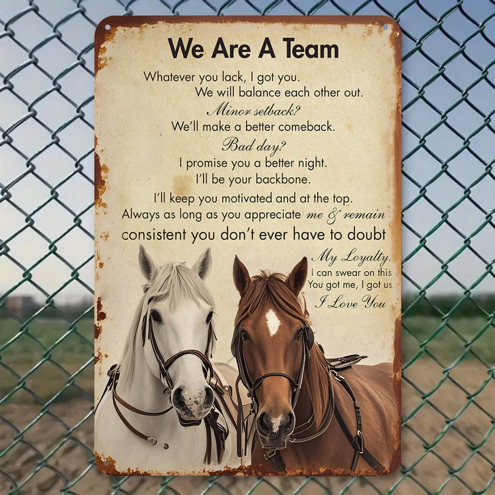 Vintage Horse Lovers Metal Sign: Inspirational Team Quotes, Rustic Barn Decor