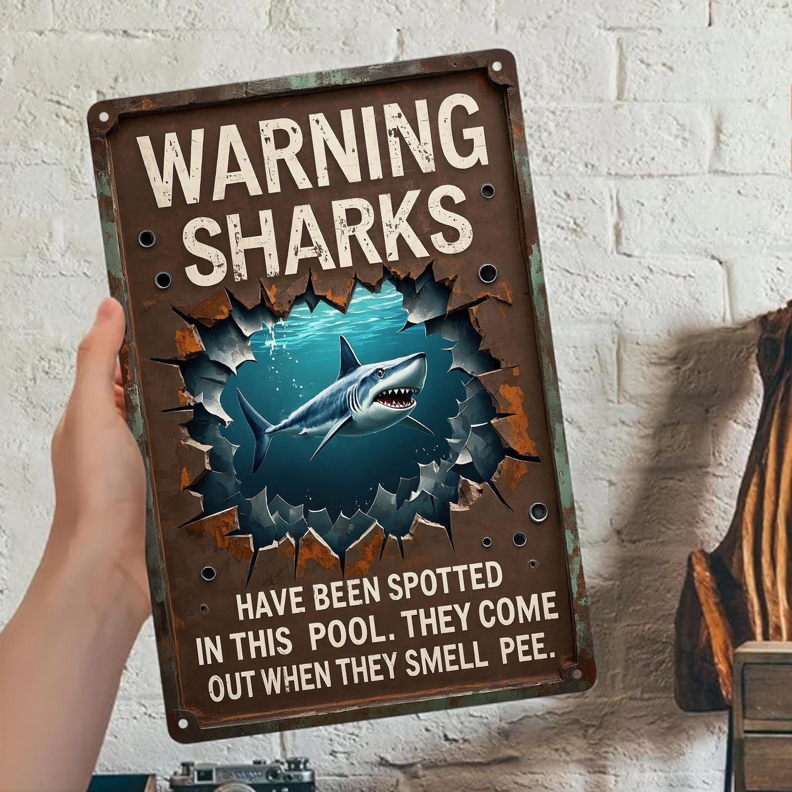 Vintage Sharks Spotted in Pool Metal Sign - Funny Novelty Wall Decor