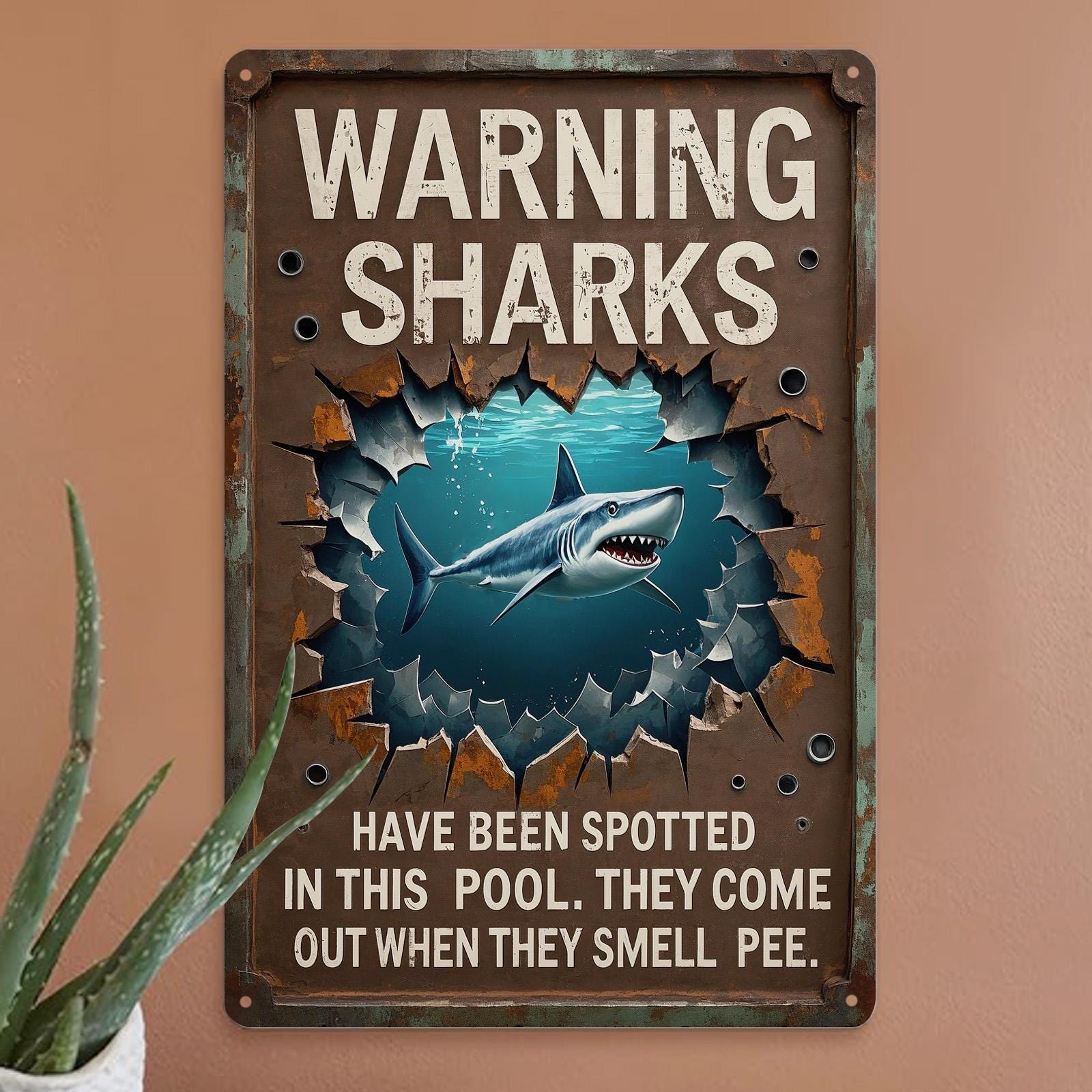 Vintage Sharks Spotted in Pool Metal Sign - Funny Novelty Wall Decor