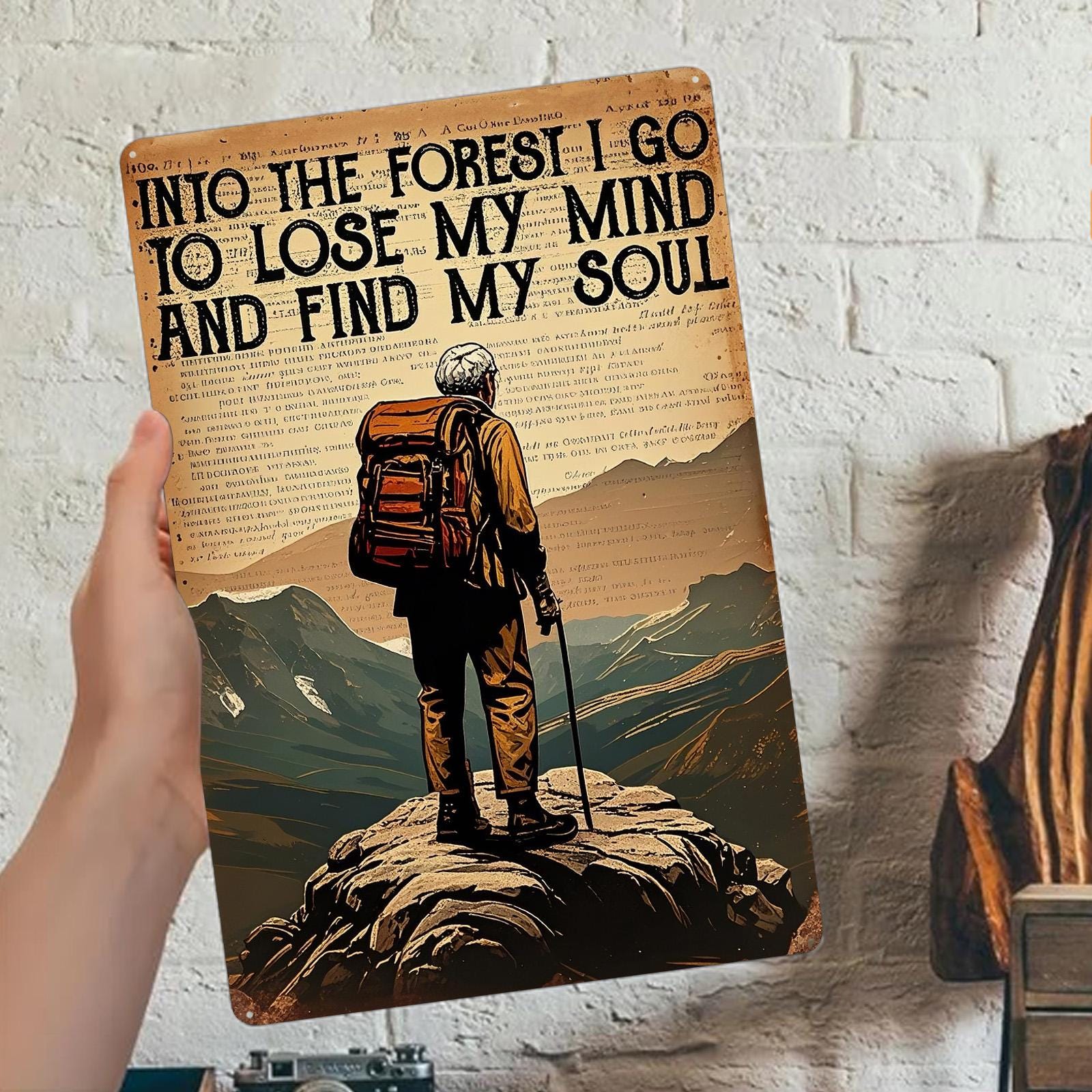 Into the Forest Hiking Metal Sign: Rustic Cabin Wall Decor