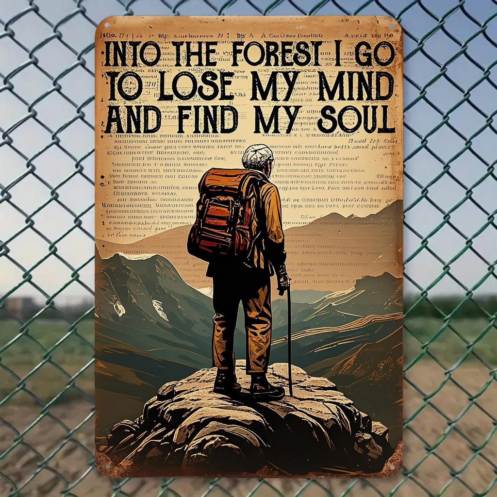 Into the Forest Hiking Metal Sign: Rustic Cabin Wall Decor