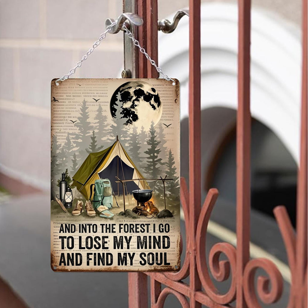 Camping Metal Sign: Into the Forest Rustic Cabin Decor (8x12)