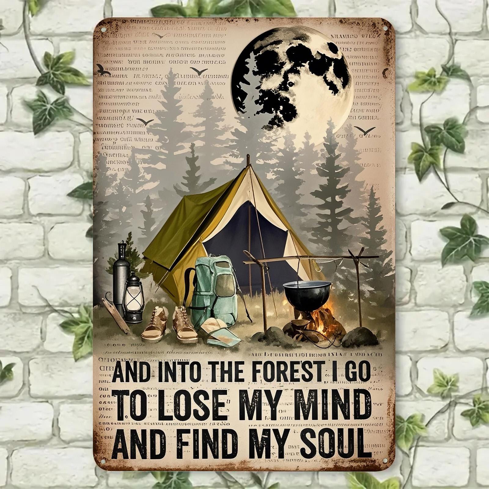 Camping Metal Sign: Into the Forest Rustic Cabin Decor (8x12)