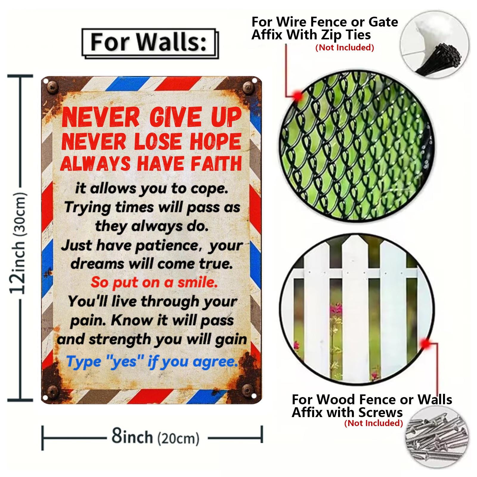 Inspirational Metal Sign: Vintage Faith Hope Love Wall Decor