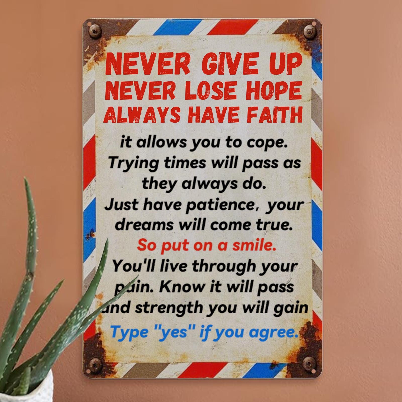 Inspirational Metal Sign: Vintage Faith Hope Love Wall Decor