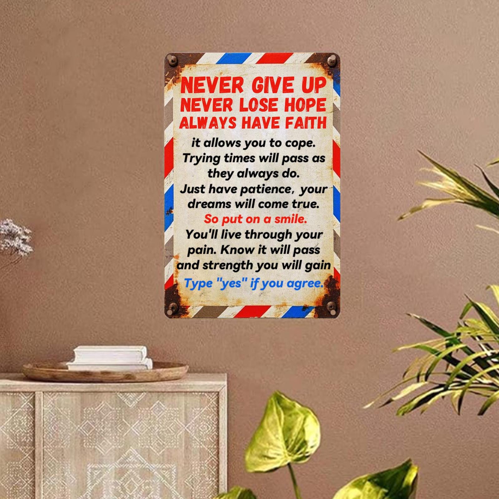 Inspirational Metal Sign: Vintage Faith Hope Love Wall Decor