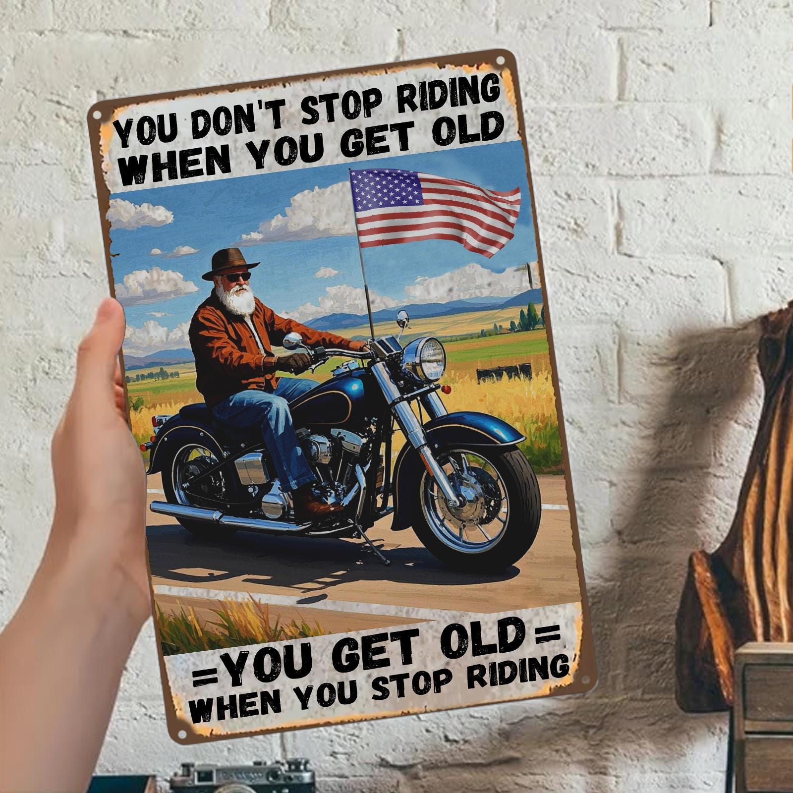 Vintage Motorcycle Metal Sign: Rustic Garage Man Cave Decor