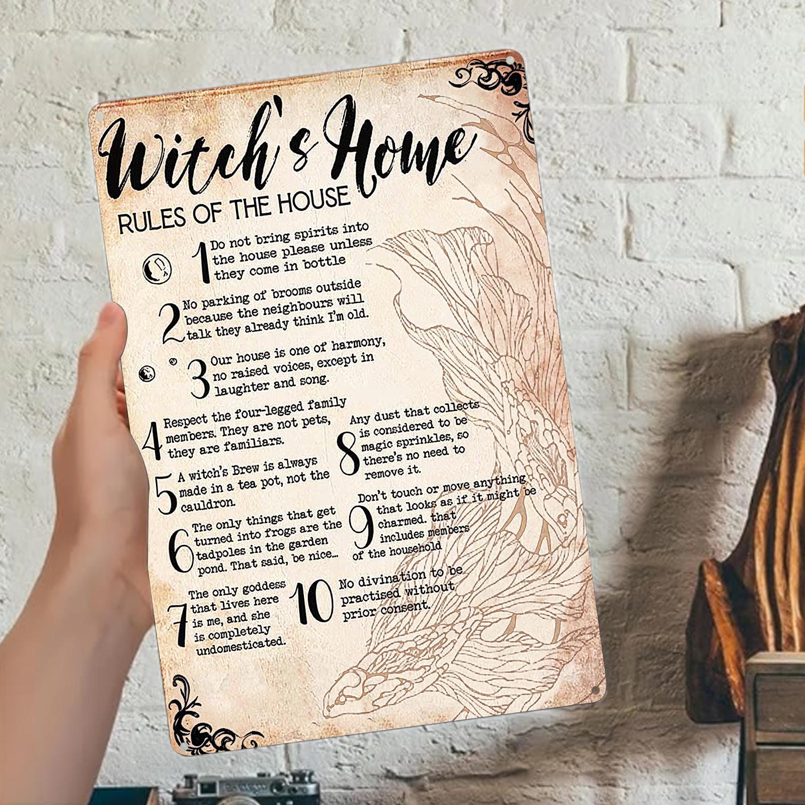 Vintage Witch's Home Rules Metal Sign: Halloween Decor