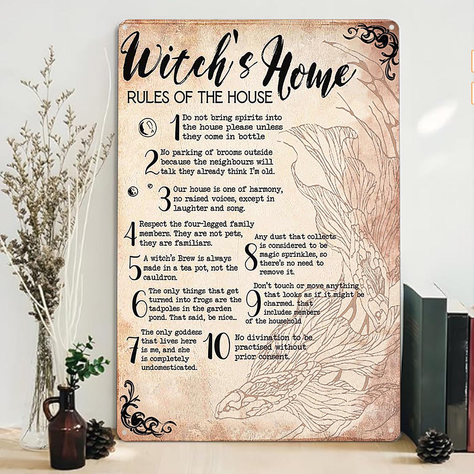 Vintage Witch's Home Rules Metal Sign: Halloween Decor