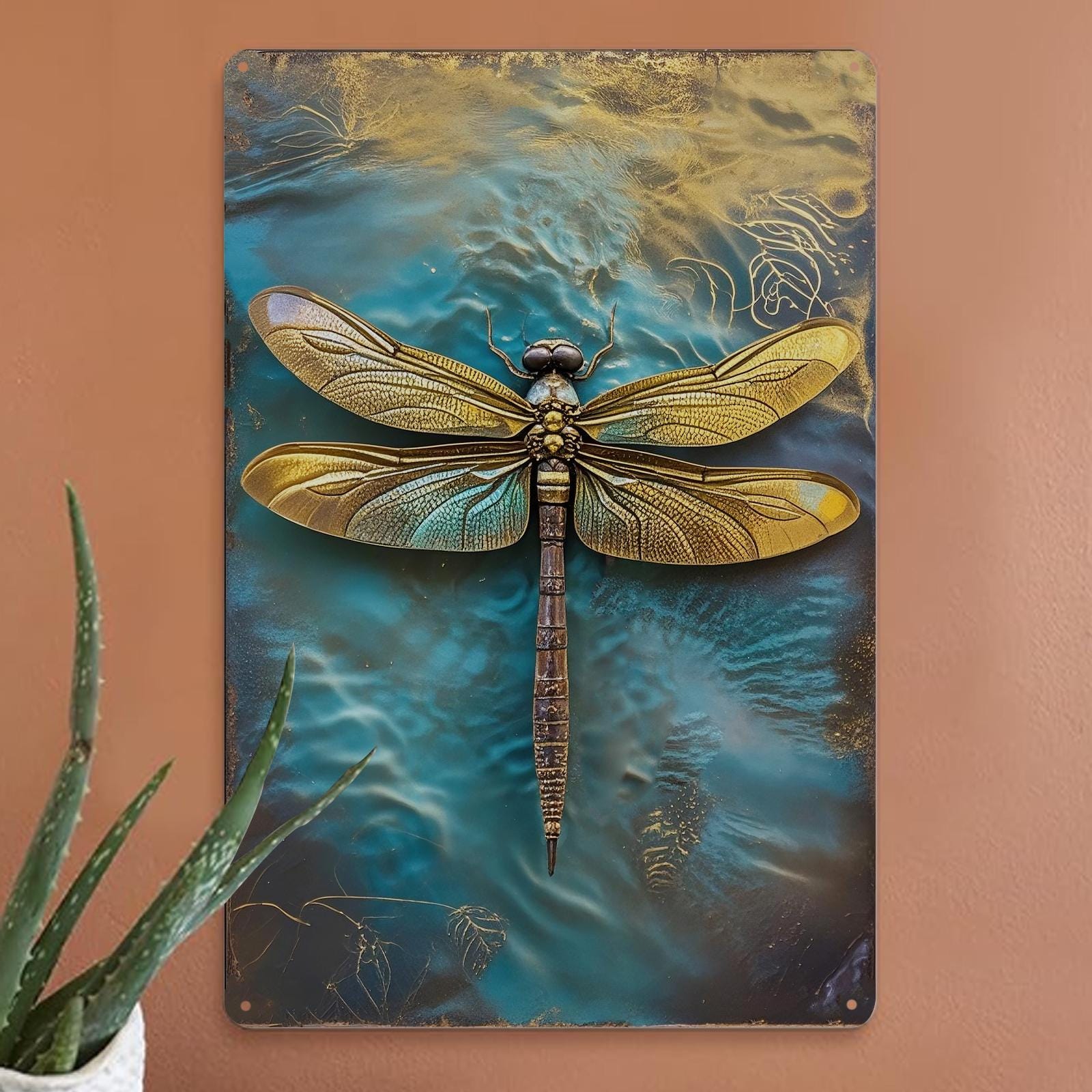 Vintage Dragonfly Metal Sign: Rustic Golden Insect Wall Art
