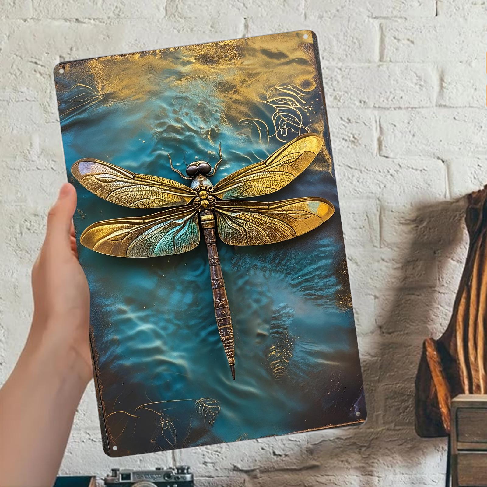 Vintage Dragonfly Metal Sign: Rustic Golden Insect Wall Art