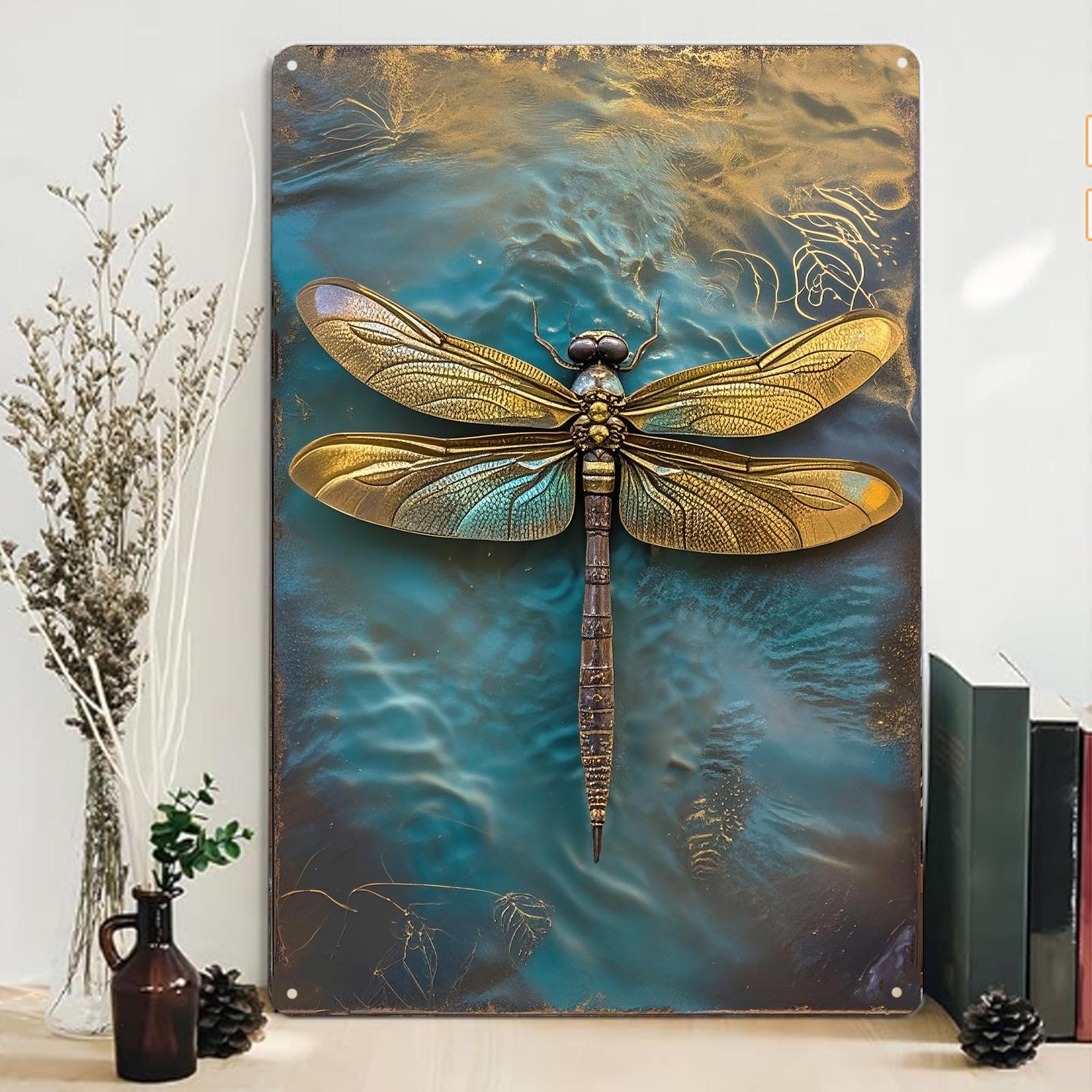 Vintage Dragonfly Metal Sign: Rustic Golden Insect Wall Art
