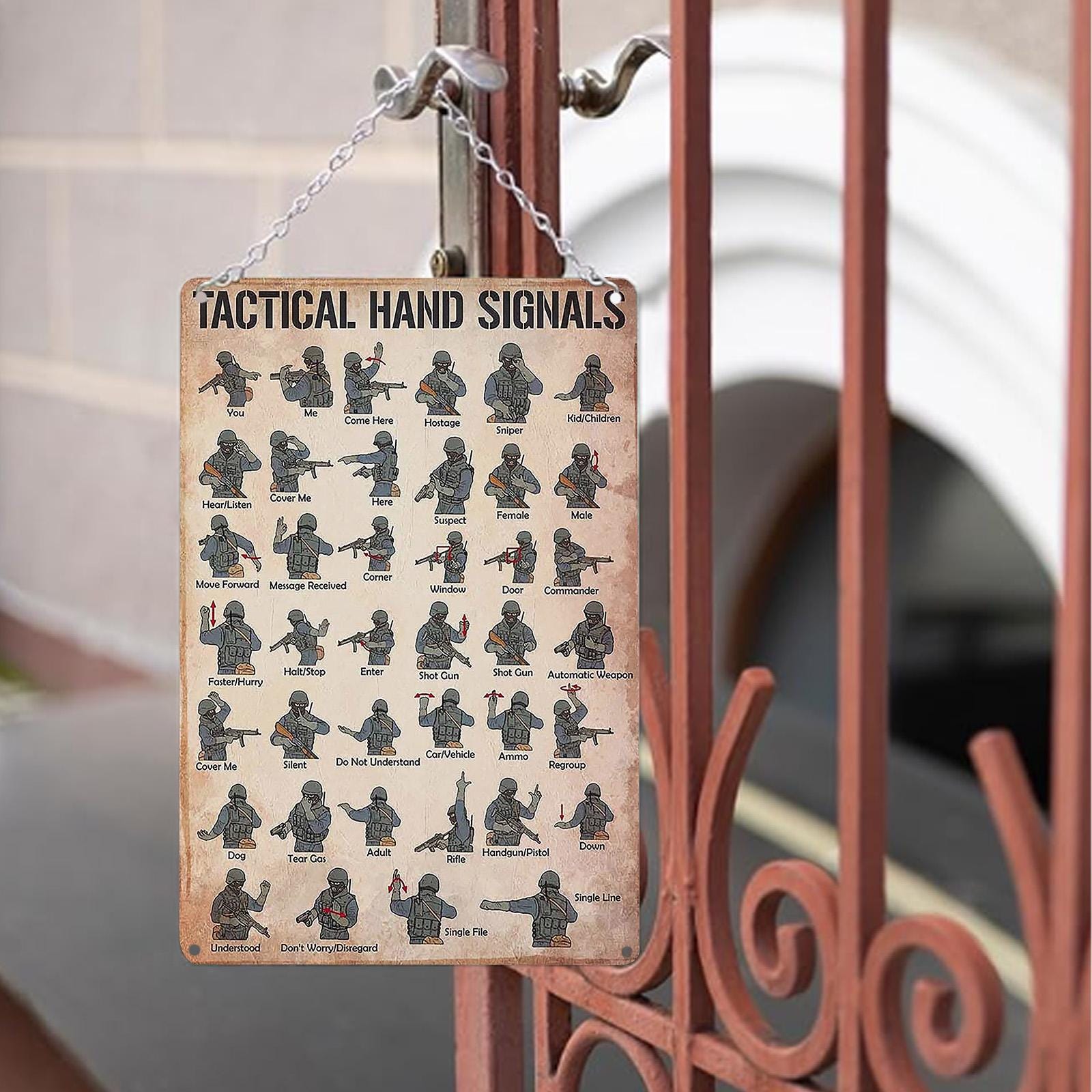 Vintage Military Hand Signals Metal Sign: Tactical Army Decor