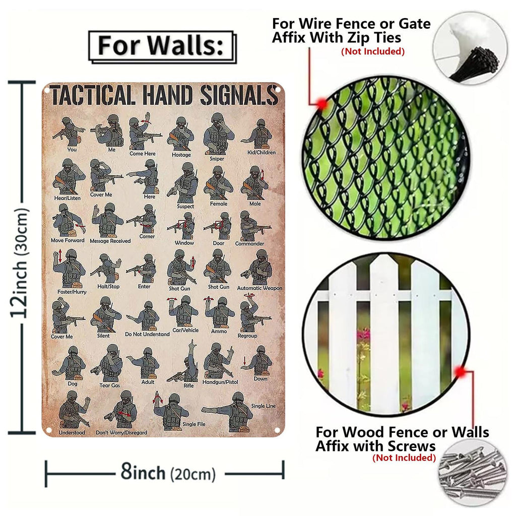 Pancarte métallique signaux manuels militaires vintage | Décoration armée tactique