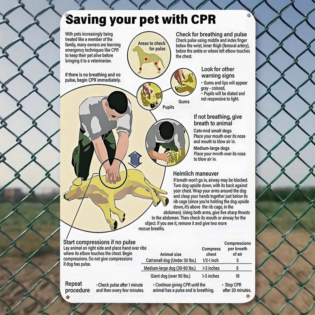 Panneau métallique de réanimation cardio-pulmonaire vintage pour animaux de compagnie | Instructions de premiers secours pour chiens et chats
