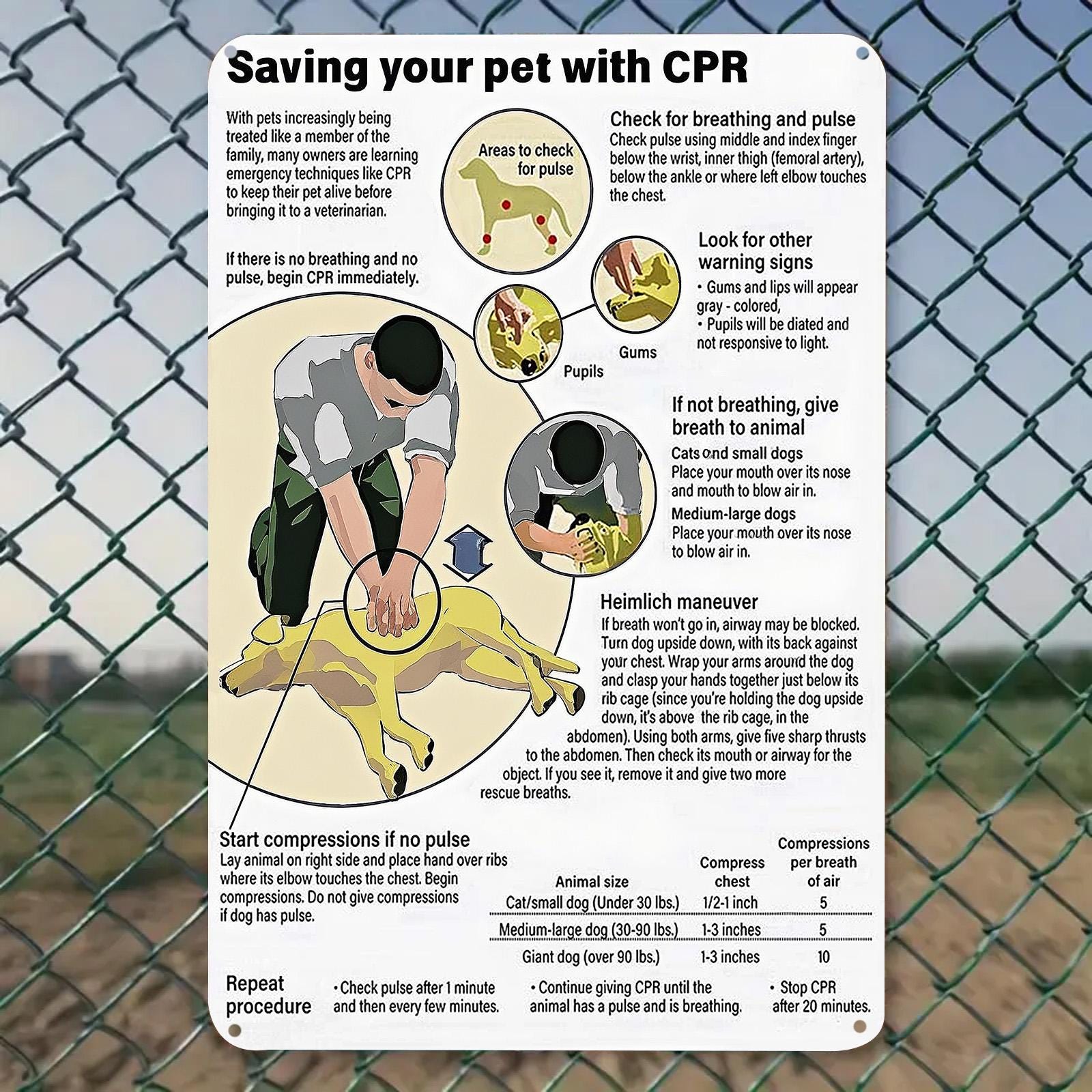 Panneau métallique de réanimation cardio-pulmonaire vintage pour animaux de compagnie | Instructions de premiers secours pour chiens et chats
