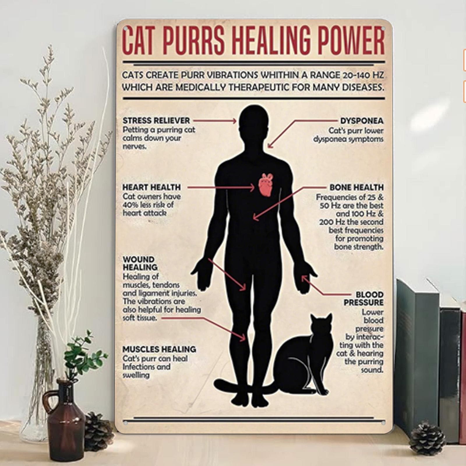 Cat Purrs Healing Power Metal Sign: Vintage Pet Therapy Art