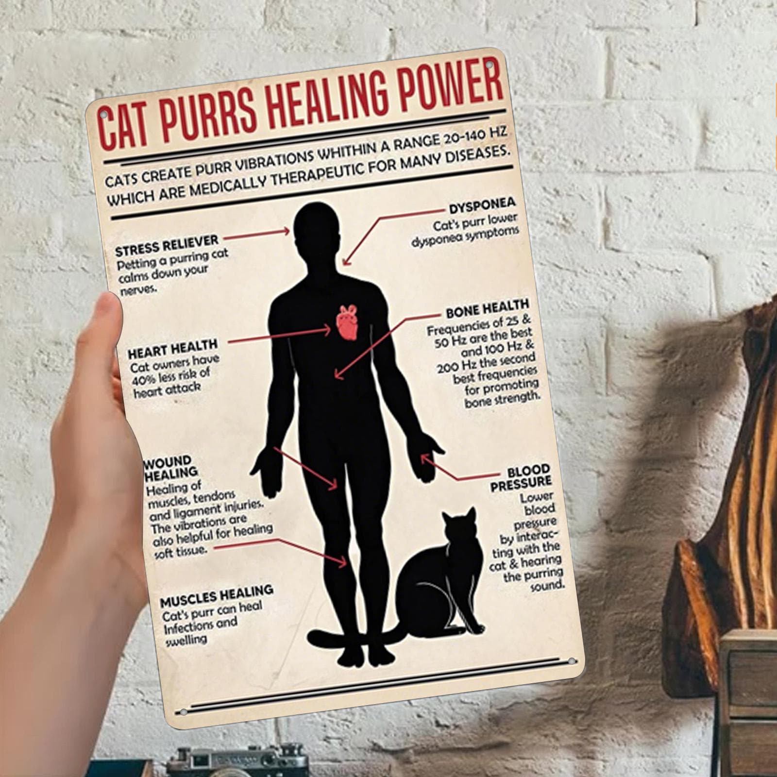 Cat Purrs Healing Power Metal Sign: Vintage Pet Therapy Art