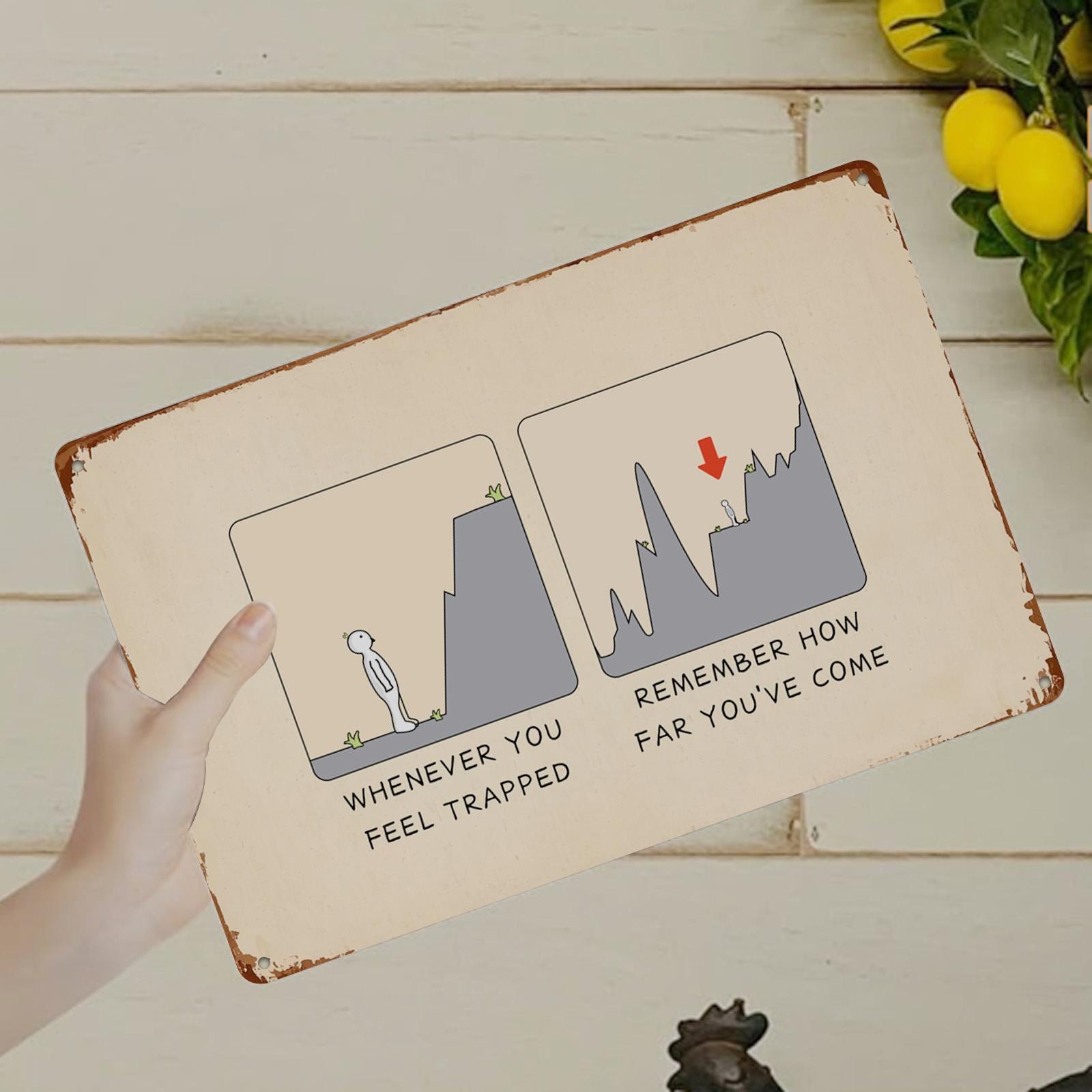 Motivational Metal Sign: Inspirational Cartoon Wall Art - 8x12 in