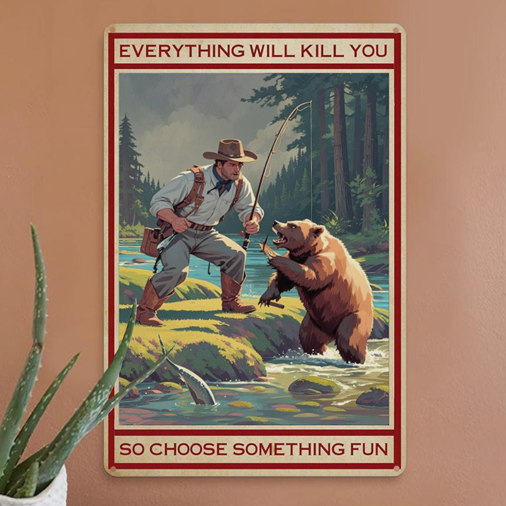 Funny Bear Fishing Metal Sign: Rustic Cabin Wall Decor