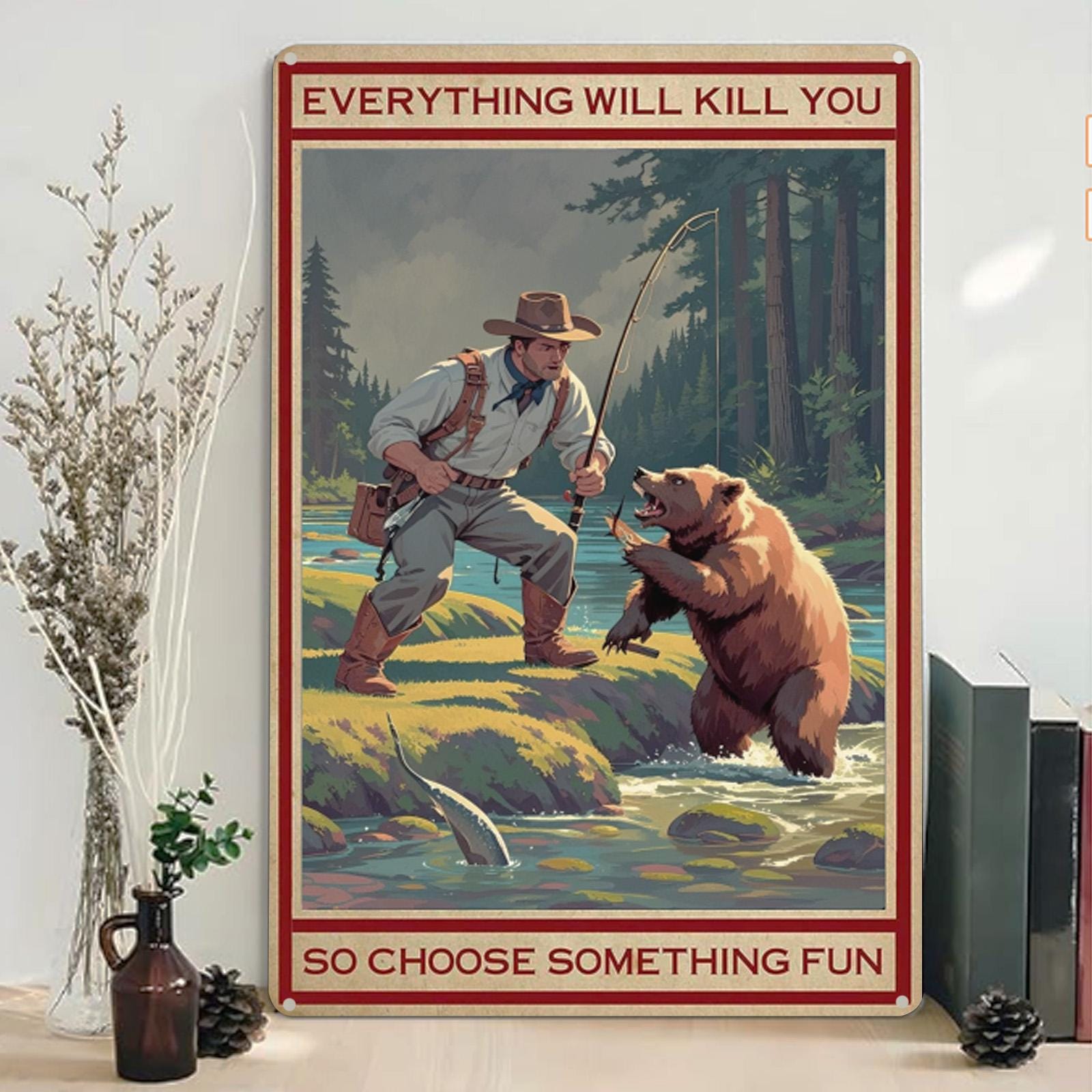 Funny Bear Fishing Metal Sign: Rustic Cabin Wall Decor