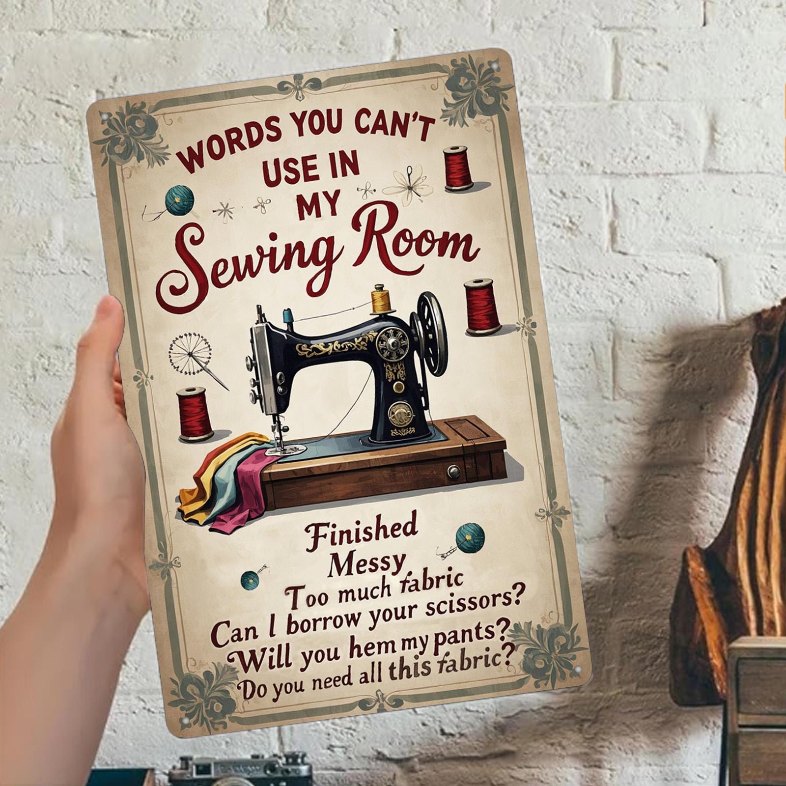Funny Sewing Room Metal Sign: Vintage Seamstress Decor (8x12)