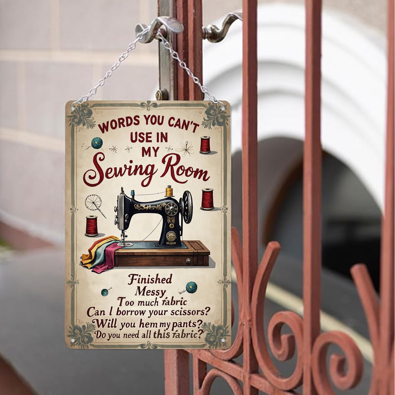 Funny Sewing Room Metal Sign: Vintage Seamstress Decor (8x12)
