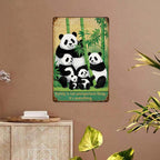 Décoration murale en métal « Famille Panda » | Style vintage bambou (20x30 cm)